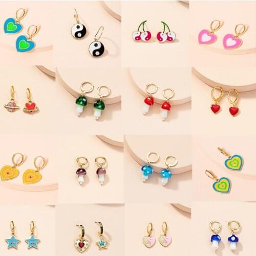 SOHOT Classic Retro Sweet Cherry Mushroom Flower Star Planet Moon Tai Chi Hoop Earrings For Women Piercing Jewelry Drop Shipping