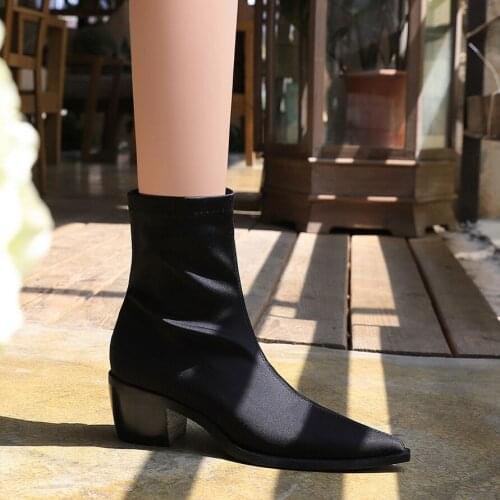 Women Thin Stretch Boots High Heels Fetish Sock Ankle Boots Stripper Low Block Heels Autumn Winter Shoes Female Western Boots