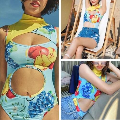 Womens Fruit Printed Swimsuit Sleeveless Front Hollowed High Collar Slim Swimwear
