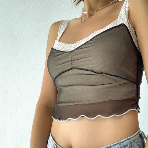 2020 Summer Women Sexy V Neck Lace Cami Tank Tops Double Mesh Sleeveless Camisole Cute Camis Crop Top S/M/L