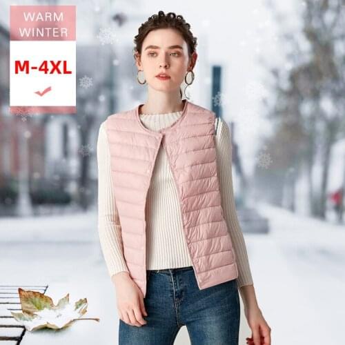 Winter Women O Neck White Duck Down Vest Female ultra Light Casual Warm Sleeveless Jacket Covered Button Thin Linner Waistcoat