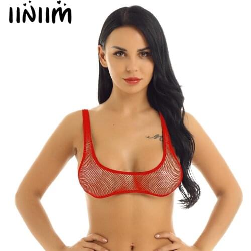 Womens Lingerie Exotic Bra Sissy Femme Underwear See Through Fishnet Hollow Out Wide Shoulder Straps U-neckline Vest Crop Top
