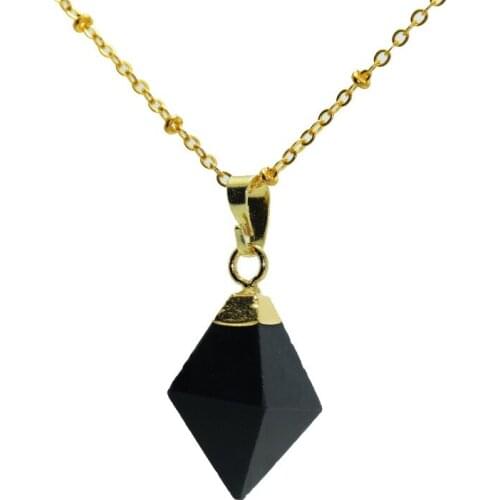 1pc Faceted Fashion Jewelry Natural black gem stone square pendant chain necklace obsidian gold point pendant necklace for women