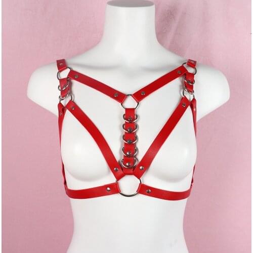 2021 Fashion Red Harajuku Women Harness Bra PU Leather Sword Belt Adjustable Metal Buckle Chest Bondage Cage Clothes Accessories