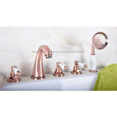 Antique Red Copper Deck Mounted 5PCS Bathroom Faucet Bathtub Basin Tap Cold Hot Water taps With Three Handles Ntf190
