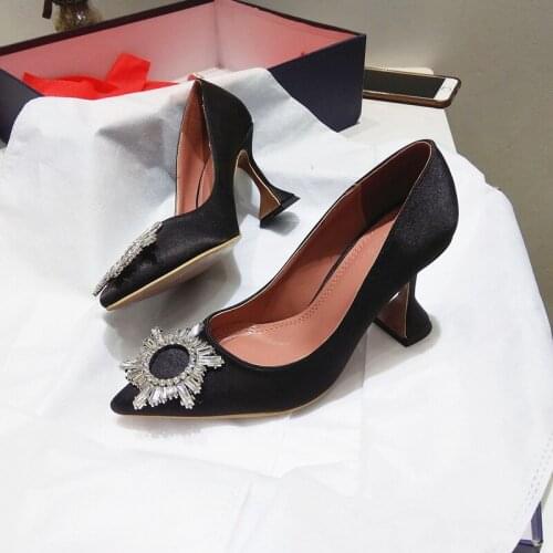 Free shipping fashion women pumps black satin flowers crystal Rhinestone High heels shoes party shoes