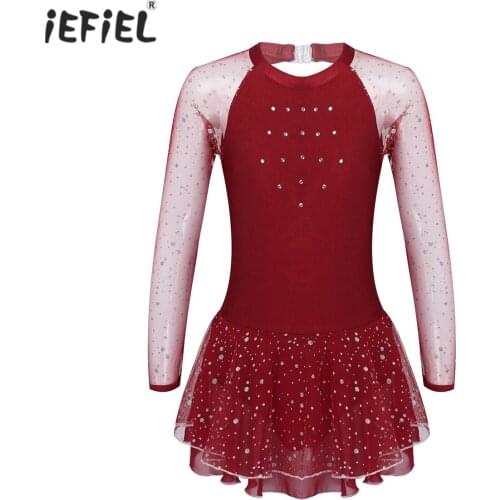 Kids Girls Glittering Rhinestone See-through Mesh Long Sleeve Figure Skating Dress Dance Wear Gymnastics Leotard Ballet Dress