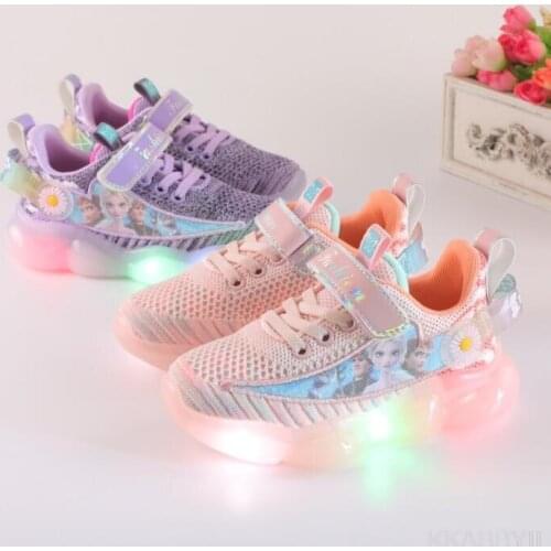 Children Frozen LED Light Mesh Casual Shoes Girl Sneakers Kids Sport Footwear Kids Shoes for Girl Light Shoes Cute Flat Shoes
