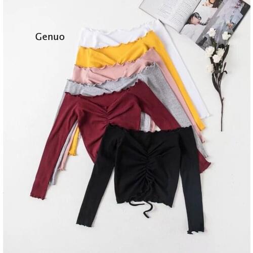 Ribbed Off Shoulder Drawstring Tie t Shirt Women Long Sleeve Short T-Shirt Summer 2021 Casual Crop Top Female Tee Tshirts