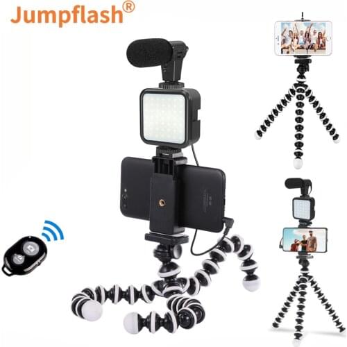Jumpflash Vlog Selfie Flexible Tripod with Remote Control Microphone LED Light Holder for Smartphone & Motion Camera Tripod