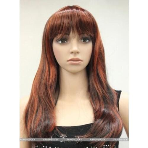 Hot heat resistant Party hair>>>Excellent Black + Fox Red Mixed Long Straight Women Ladies wig Bangs