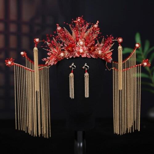 Chinese costume' headdress Traditional bridal Phoenix crown red long tassel classic headwear set Xiuhe dress wedding accessories