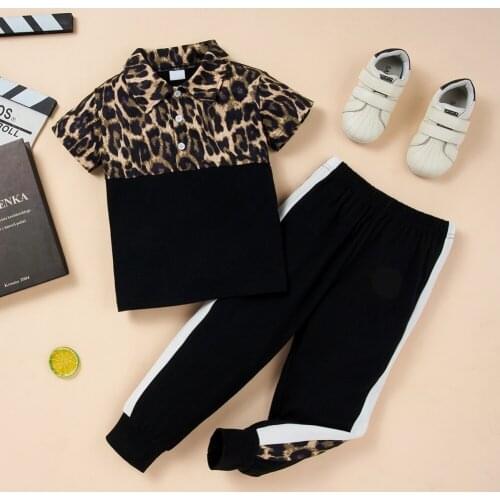Summer Baby Boys Girls Two Pieces Outfits Leopard Printed Lapel Short-sleeved T-shirt+ Trousers Children Kids Suit
