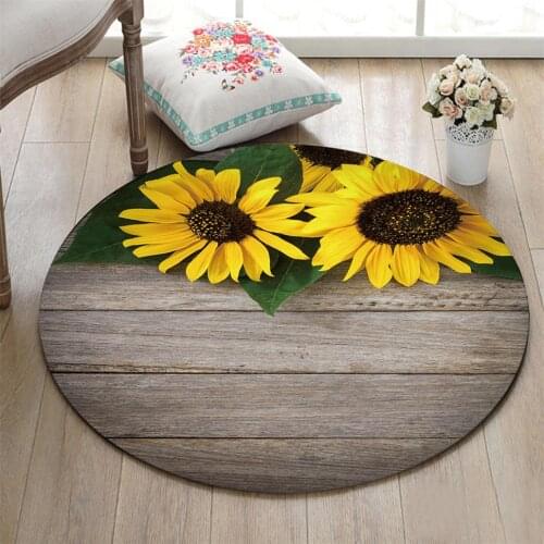 Round Living Room Floor Area Rugs Kitchen Bedroom Carpets Bathroom Non-Slip Cushion Home Study Door Mat Sunflowers On Wood Board