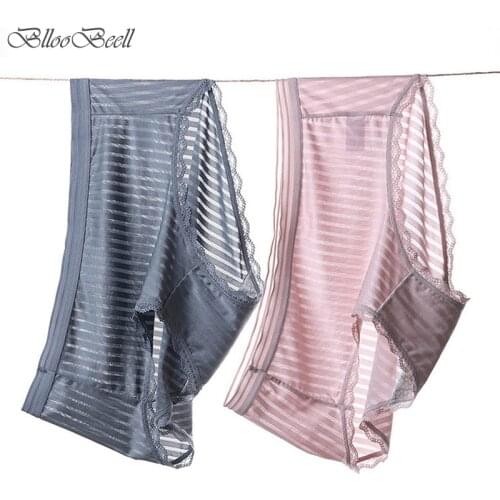 Hot Plus Size Women Underwear Sexy Lace Briefs Ice Silk Womens Mid-Rise Panties Stripe Solid Color Ladies Lingerie Cotton 4XL