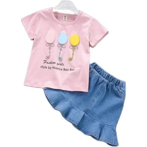 2019 Summer New Girls Suit100% Cotton Short-sleeved printing T-shirt Top + cowboy Skirt Baby Girl Clothing Set