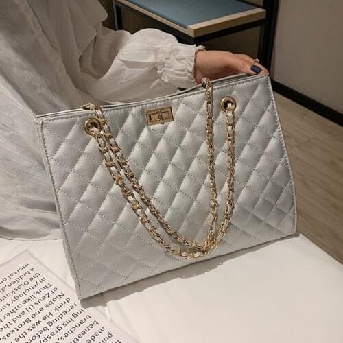 Fashion Silver Plaid Shoulder Womens Bag Luxury Leather Shopper Crossbody Bag Lattice Messenger Handbag Lady Big Chain Tote Bag