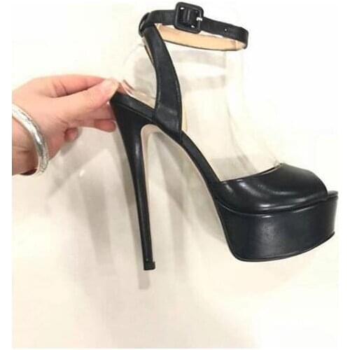 Moraima Snc Black Leather High Heel Shoes Woman Peep Toe Platform Sandals Sexy Ankle Strap Gladiator Shoe Party Dress Heels