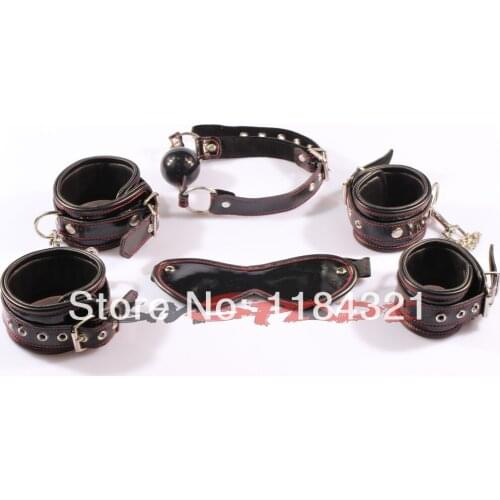 Wholesale 100% real leather restraint sex toys adult sex product for couples hand cuffs ankle cuffs blindfold gag
