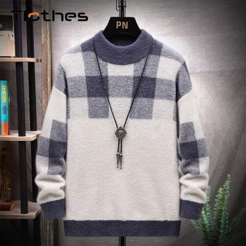 Autumn Winter Plaid Knitted Sweaters Men Clothes Plus Size 4XL Loose Mink Fleece Pullover Sweater Brand Mens Casual Knit Tops