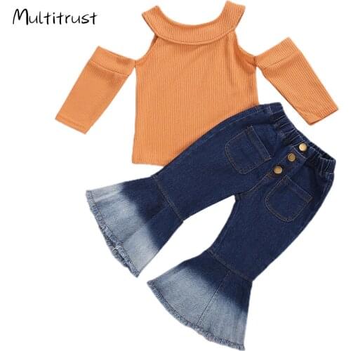 3-7Y Toddler Baby Girl 2020 Autumn Off Shoulder Long Sleeve Orange Sweater +Jeans Flare Pants 2pcs Outfit