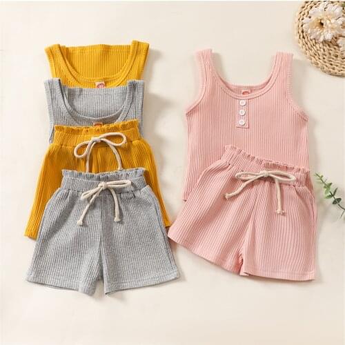 2-6Y Summer Toddler Baby Boys Girls Suits Cotton Kids Outfits Children Ribbed Knitted Sleeveless Vest Tops+Elastic Waist Shorts