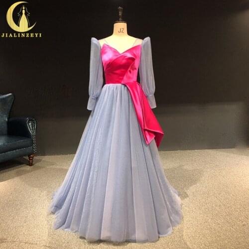 Rhine Real picture Long Sleeves V Neck Satin With Tulle A-line vestido de fiesta de boda evening dresses