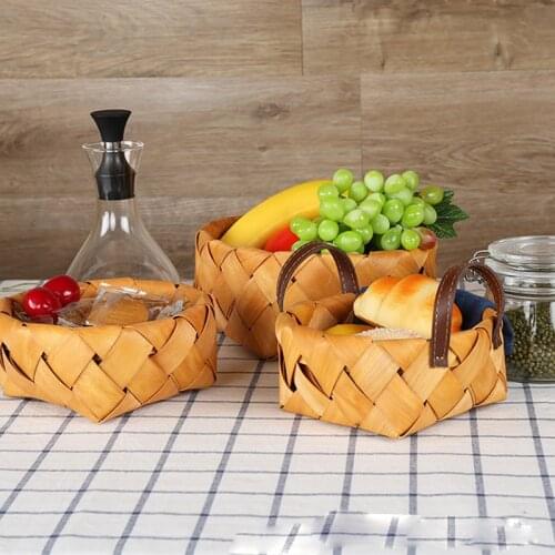 Handmade Wood Chip Kitchen Storage Basket Japanese Round Bread Fruit Vegetable Egg Storage Basket Portable Woven Basket