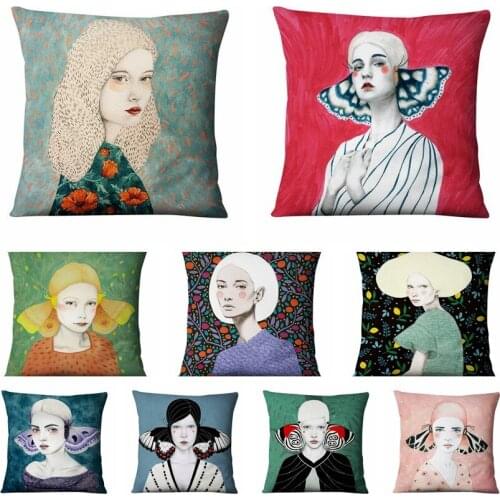 Rural Girl Printed Pillowcase Art Butterfly Beauty Decorative Pillow Covers Home Decor Sofa Throw Pillow Almofadas 17 Almofada