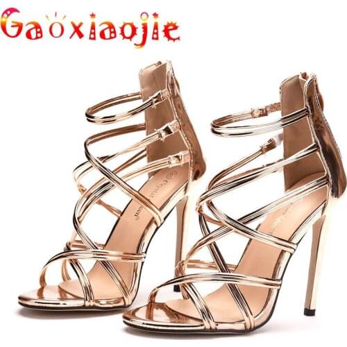 Sexy Cross Connection Narrow Band Sandals Fashion Hollow Out 11CM Women Stilettos Gold Zipper Super Models Show High Heel Shoes