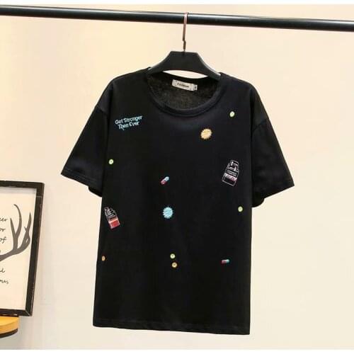 Solid black plus size women loose embroidery O-neck cotton tshirts 2020 new summer casual ladies t shirts female tops t-shirts