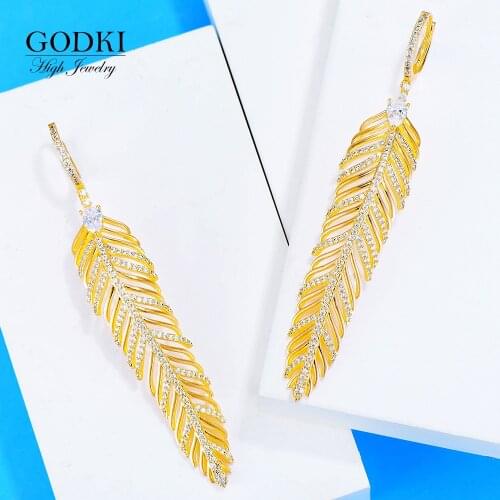 GODKI 2020 New Feather Charms Earring For Women Wedding DUBAIStatement Earring for Women Gold Cubic Zircon Earrings Jewelry