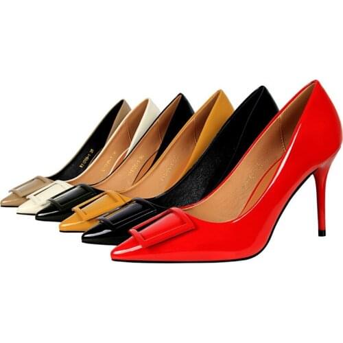 Fashion occupation OL fine heel high heel patent leather shallow mouth pointed head square buckle womens single shoe 1785-1