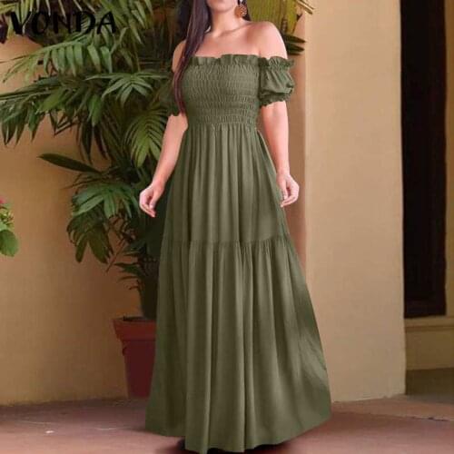Women Maxi Long Dress Summer Bohemian Off Shoulder Dress Vinatge Short Sleeve Holiday Party Vestidos 2021 VONDA Casual Robe