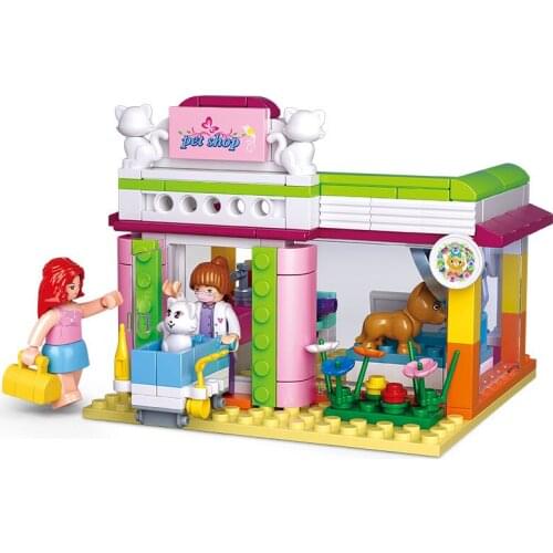 195PCS SLuban 0602 City Street View Pet Grooming Shop Assembled Model Girl Assembled Building Block Toy Gift
