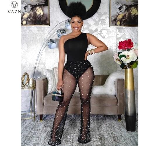 VAZN 2021 Hot Chiffon See Through Sexy Club Sweet Tank Sleeve One Off Shoulder Black Women Slim Wide Leg Jumpsuits