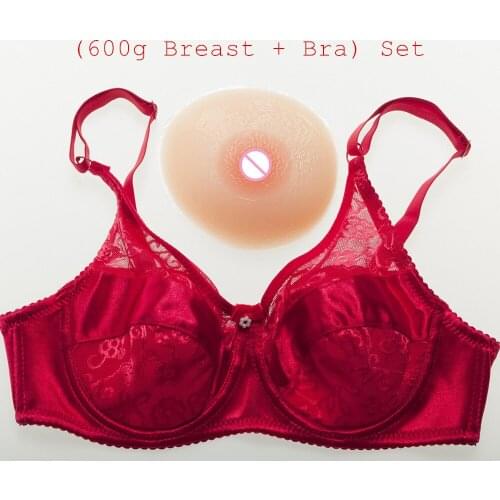 600g/pair Beige Silicone Boobs Shemale Crossdresser CD Cosplay Artificial Breast Form+Sexy Lace Satin Pocket Bra) Set