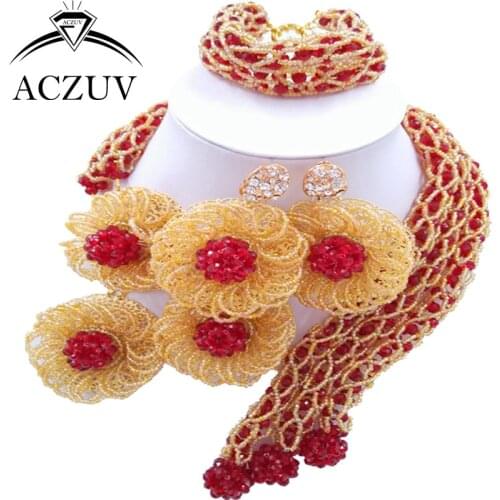 ACZUV Latest Exaggerated Big Choker Necklace for Women African Jewelry Set Wine Gold Crystal Nigerian Beads C3F018