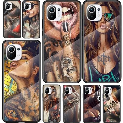 Tempered Glass Cover Sexy Sleeve Tattoo Girl For Xiaomi Mi 11 11i 10T CC9E CC9 9T Note 10 Ultra Pro Lite 5G Phone Case