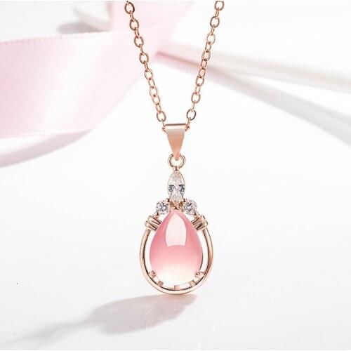 Exquisite Rose Gold Plated Filled Pink Crystal Pendant Necklace Elegant Charming Women Chain Quartz Stone Necklace Women Jewelry