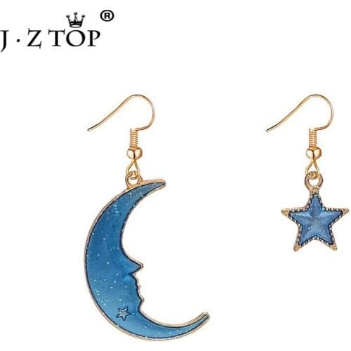 JZTOP Asymmetrical Blue Star Moon Drop Earrings Long Exquisite Tassel Pendant Earrings Femme Fashion Jewelry