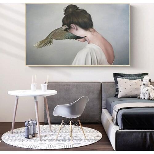 Modern Black White Art Character Canvas Painting Dust and Snow Girl Crane Prayer Poster Living Room Aesthetic Decoration Picture