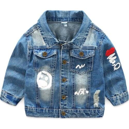 Boys Jacket kids Denim coat girl Outerwear children clothing Spring Autumn boy Graffiti Jeans Clothes broken hole For 2-7T