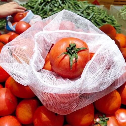 Reusable Cotton Mesh Produce Bags for Vegetable Fruit Kitchen Reusable Washable Grid Storage Bag With Drawstring 3 Sizes