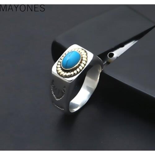 MAYONES Brand Men Ring 925 Sterling Silver Men Jewelry Vintage Turquoises Feather Finger Ring Men Women Gift Fine jewelry