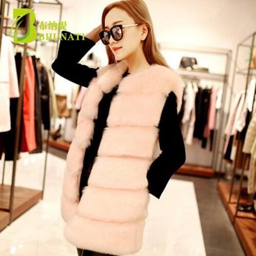 BHUNATI 2019 New Women Faux Fur Vest Solid Color Sleeveless Coat Horizontal Stripe Medium-Long Vest Casual Female Winter Vest