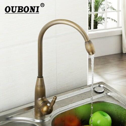 OUBONI Antique Brass Kitchen Basin Mixer Tap Faucet Nickel Brass Ceramic Plate Spool Hot Cold Water Wash Basin Mixer