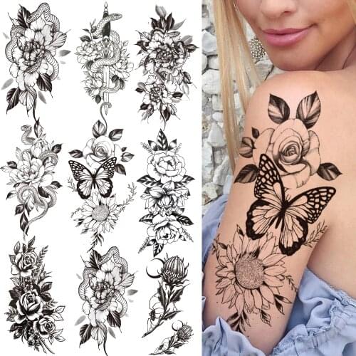 Sun Flower Butterfly Temporary Tattoo For Women Girls Black Snake Peony Tattoos Sticker Fake Anemone Orchid Sexy Tatoos Forearm