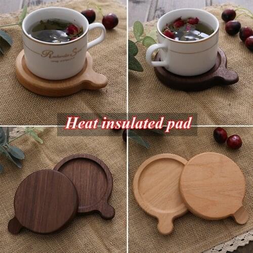 New Beech Wood Coasters With Handle Tea Coffee Cup Pad Placemats Round Heat Resistant Drink Insulation Mat Non-slip Cup Pads