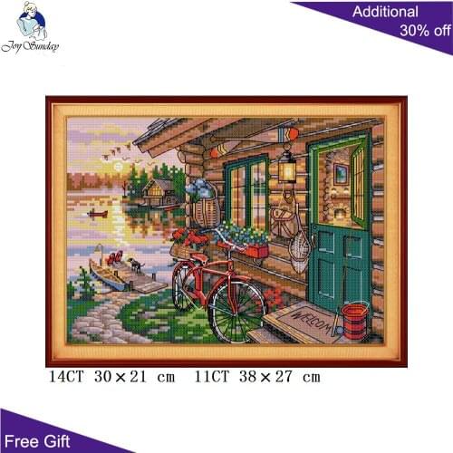 Joy Sunday Riverside Hut Home Decoration FA119 Counted Stamped Home Decor Dusk Bicycle House Boat Birds River Cross Stitch kits